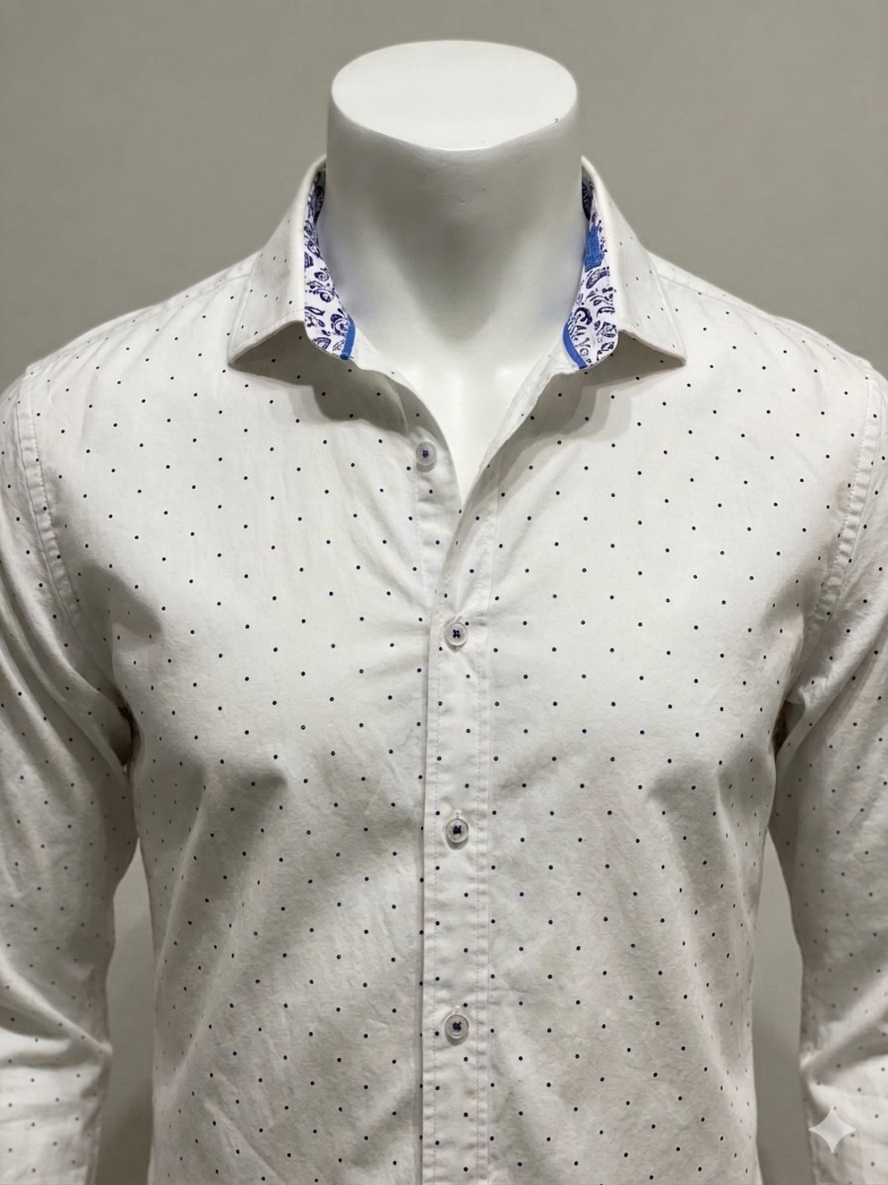 Men's Denim & Flower XL White Polka Dot Button Up Shirt Floral Collar Trim
